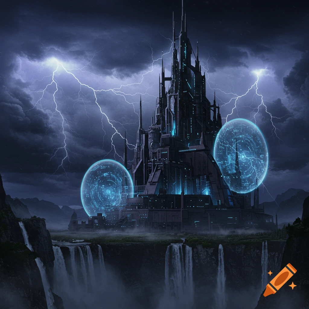 A towering, dark sci-fi castle with glowing blue accents stands on a cliff with waterfalls, under a stormy sky with lightning.
