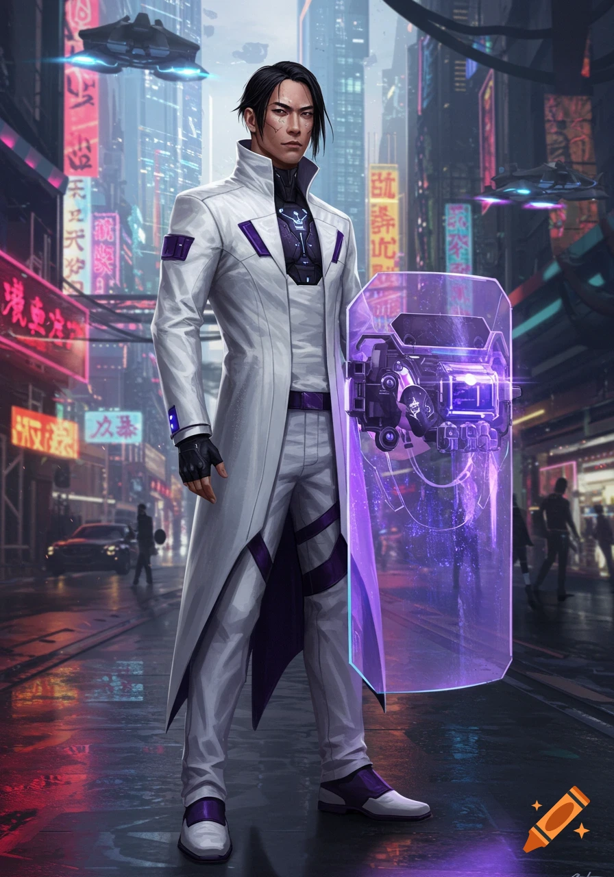 A futuristic male bounty hunter in a white coat with purple accents holds a glowing purple shield in a neon-lit cyberpunk city street.