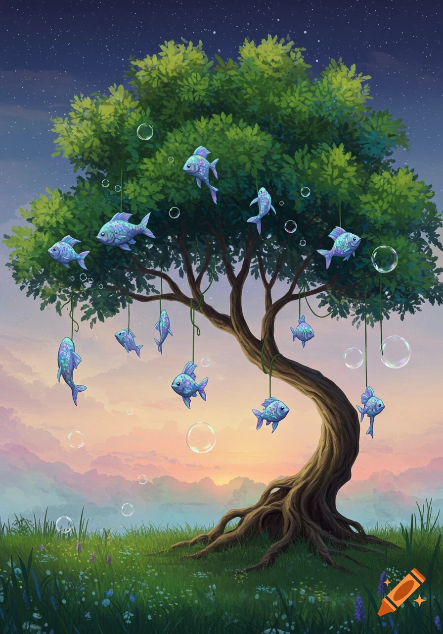 Whimsical illustration of a tree with iridescent fish hanging from its branches, overlooking a vibrant grassy field under a starry twilight sky.