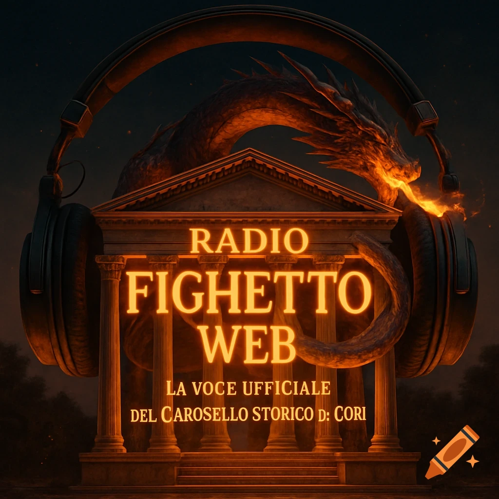 A dark fantasy image featuring a temple, a fire-breathing dragon, and headphones, with glowing text for 'RADIO FIGHETTO WEB'.