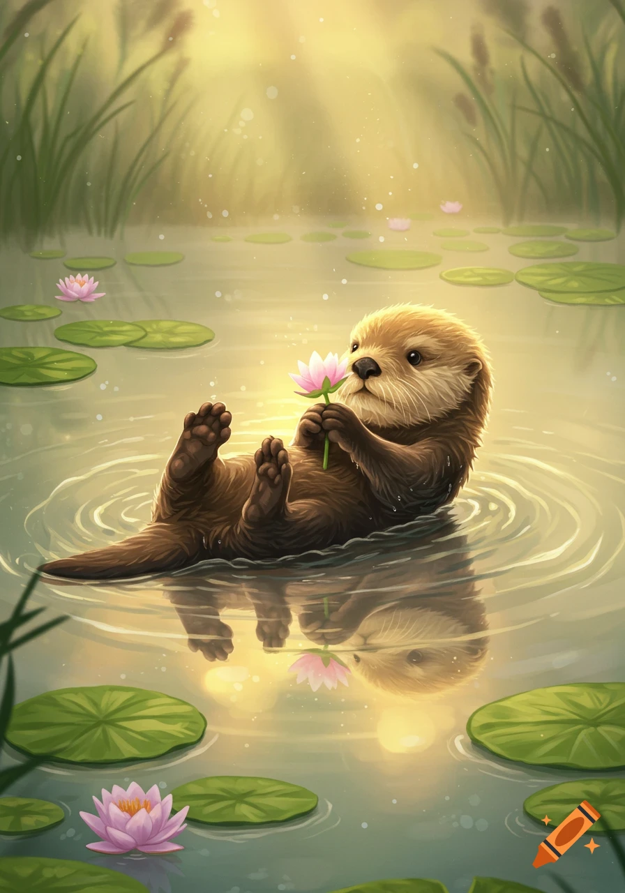 A cute baby otter floats on its back in a sunlit pond, holding a pink lotus flower amidst lily pads.