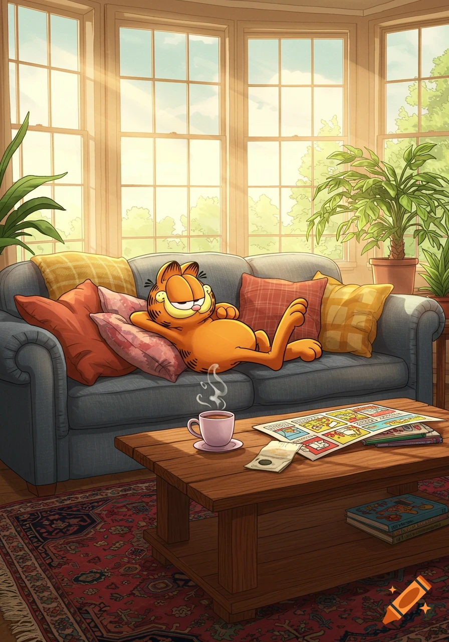 Cartoon Garfield relaxes on a comfy blue sofa in a sunny living room, next to a coffee cup and comic book on a wooden table.