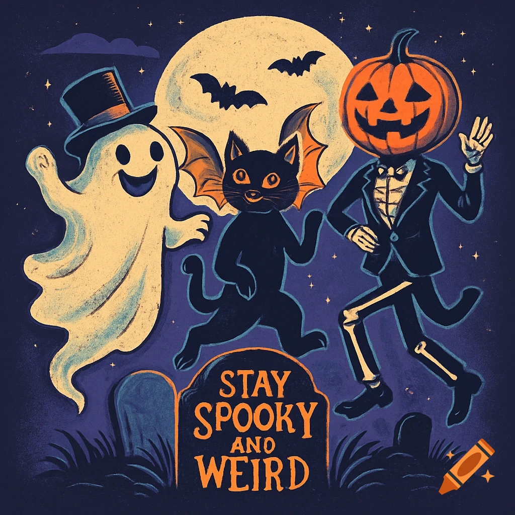 A cartoon Halloween illustration of a ghost in a top hat, a black cat with bat wings, and a pumpkin-headed skeleton dancing under a full moon, with a tombstone reading 'Stay Spooky and Weird'.