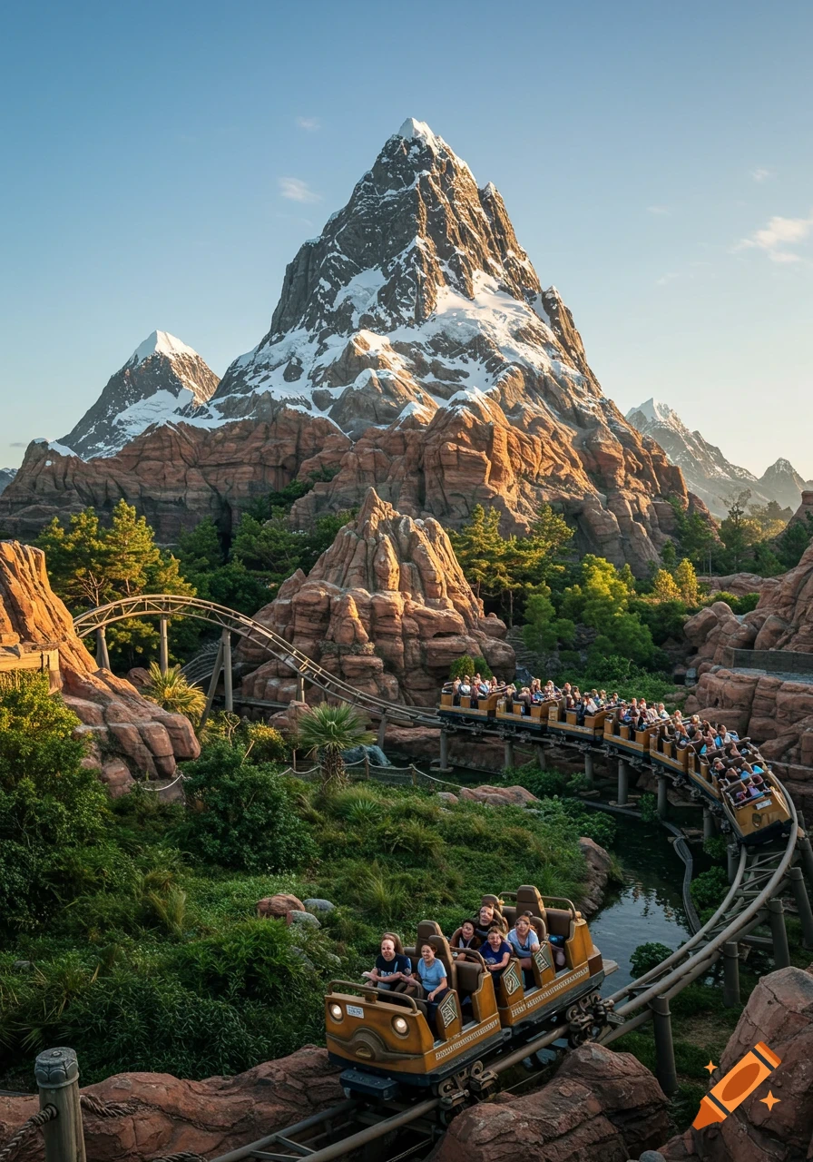 Photorealistic image of a rollercoaster on tracks winding through a lush, rocky landscape with snow-capped mountains in the background.