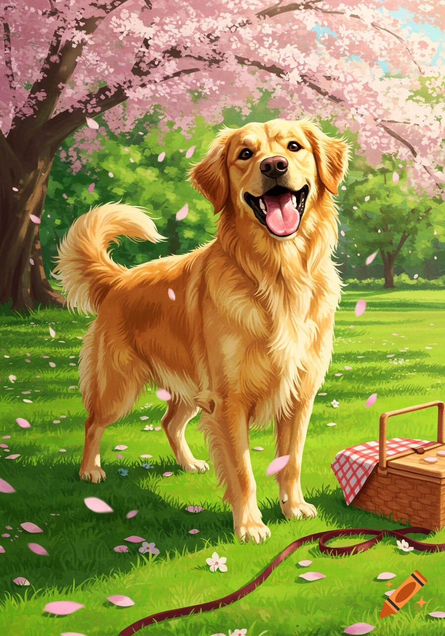 A joyful golden retriever stands in a vibrant park with pink cherry blossoms falling, a picnic basket nearby. Illustrated style.