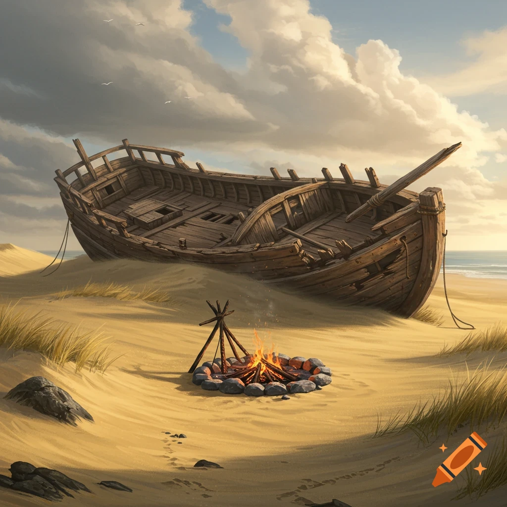 A rustic wooden shipwreck half-buried in sand on a beach with a small campfire in the foreground, under a cloudy sky.