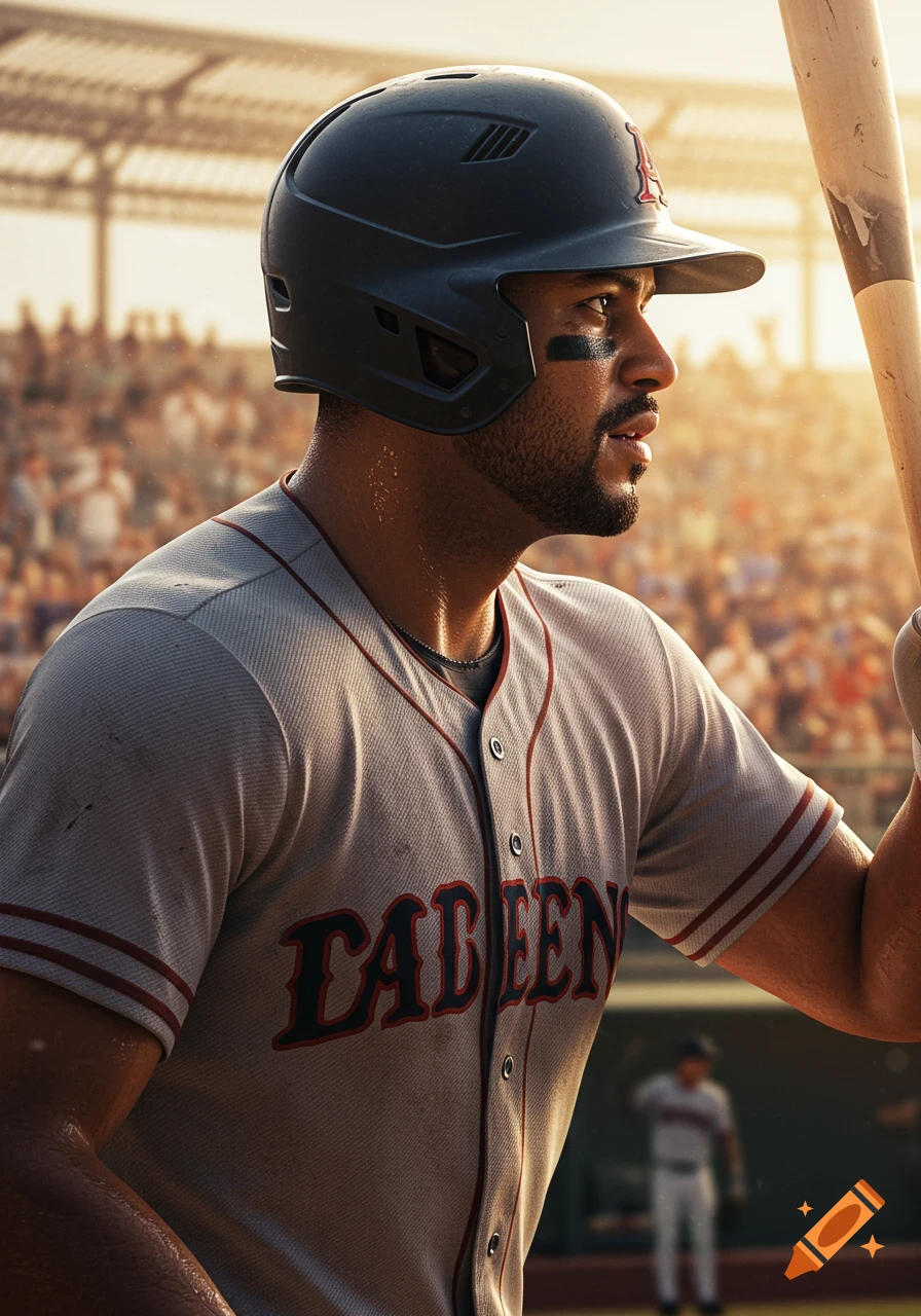 Photorealistic portrait of a baseball player in a gray uniform with 'CABEEN' on it, wearing a helmet, holding a bat in a sunlit stadium.