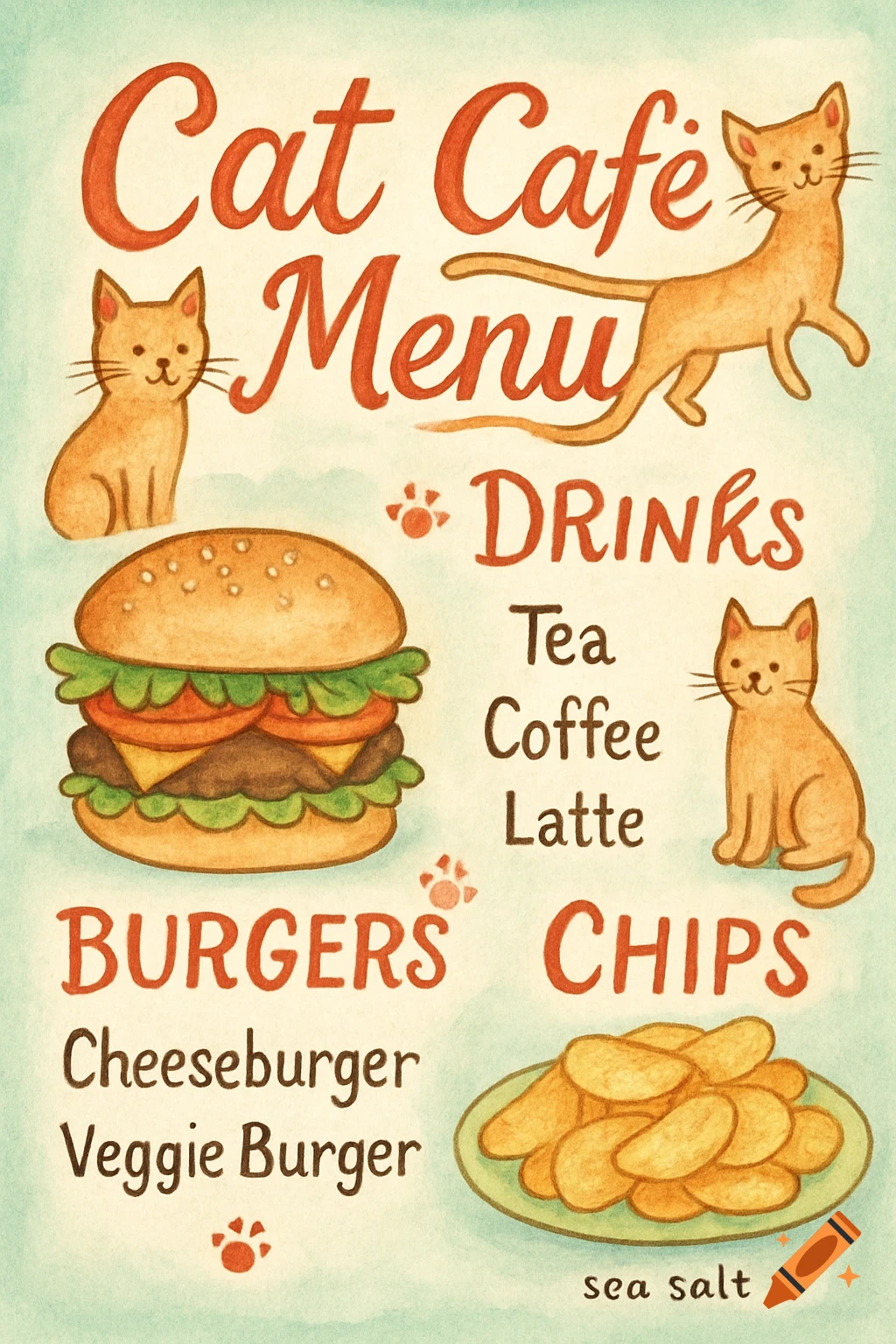 Watercolor illustration of a Cat Cafe Menu featuring a burger, chips, drinks, and three cute cats.