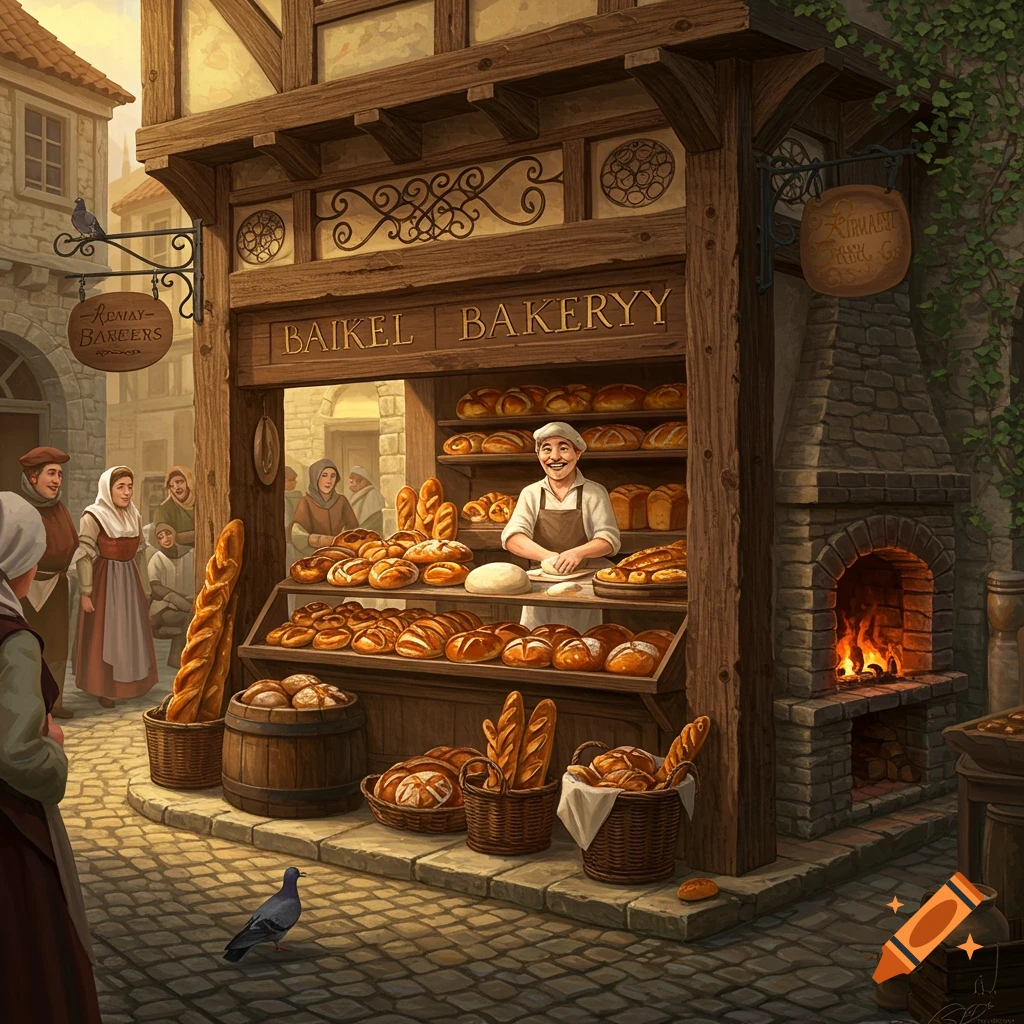 A bustling medieval bakery on a cobblestone street corner, with a smiling baker selling bread from a wooden stall, and villagers in period clothing.