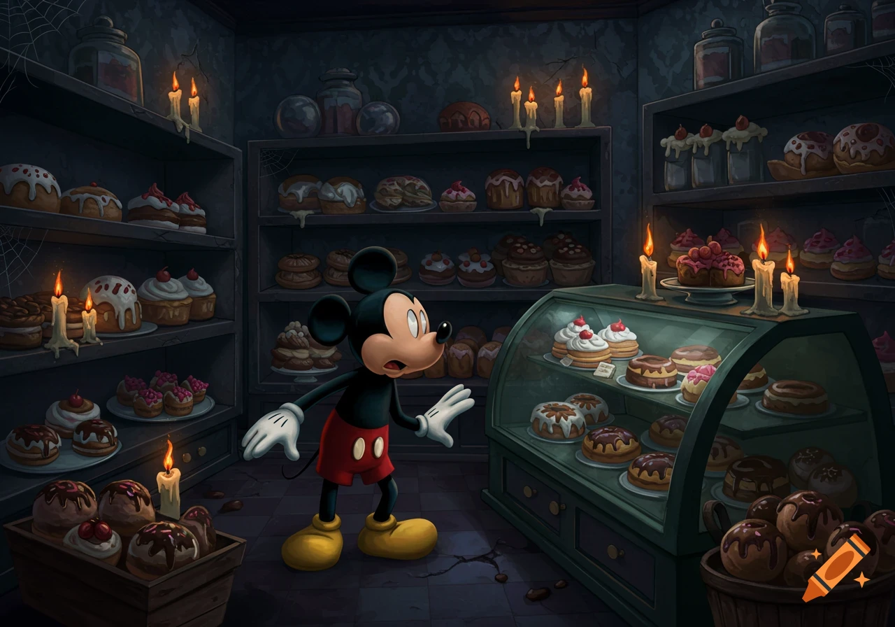 Mickey Mouse looks surprised in a spooky, dimly lit bakery filled with shelves of pastries, cakes, and lit candles.