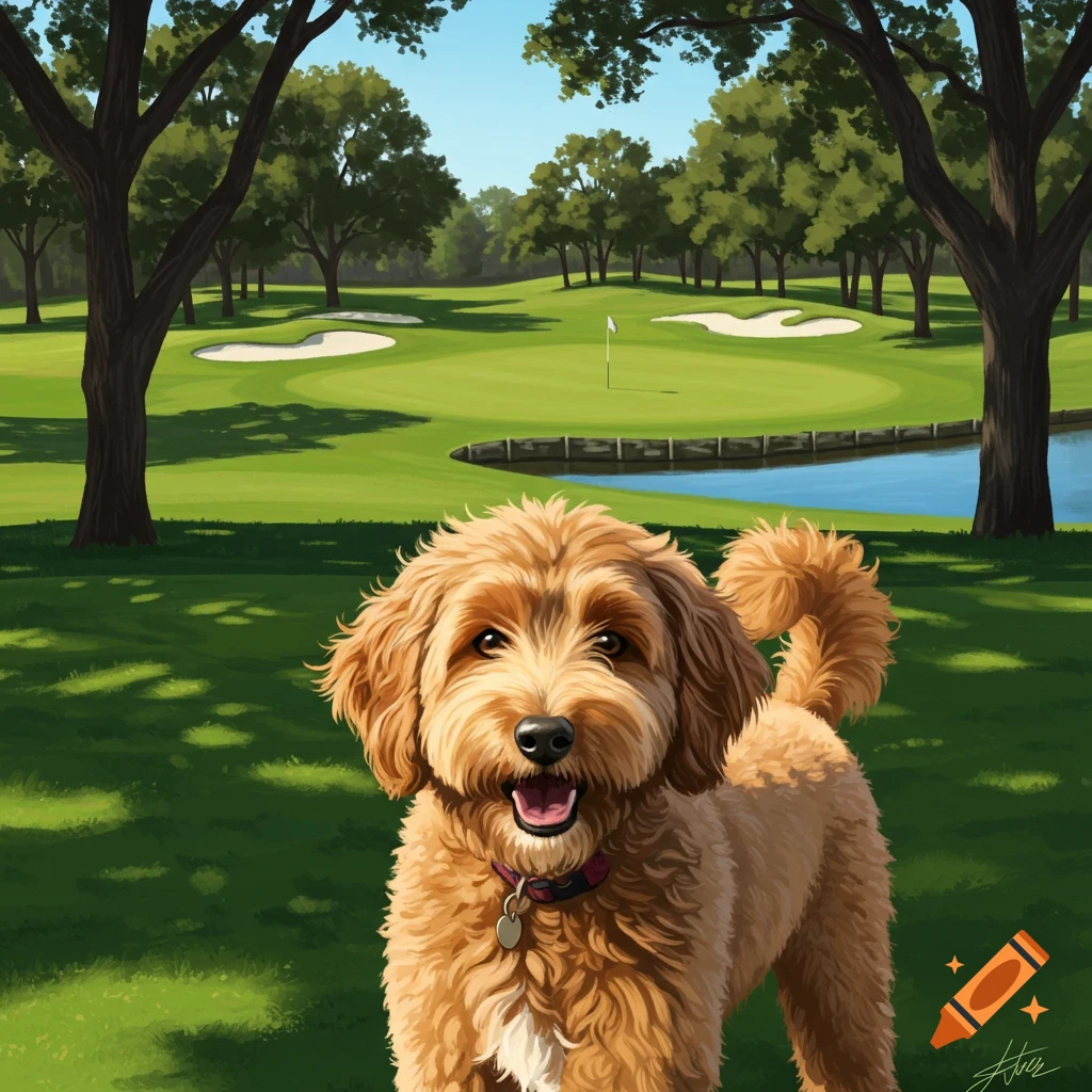 A smiling golden doodle dog stands on a bright green golf course with trees and a water hazard in the background, digital art style.