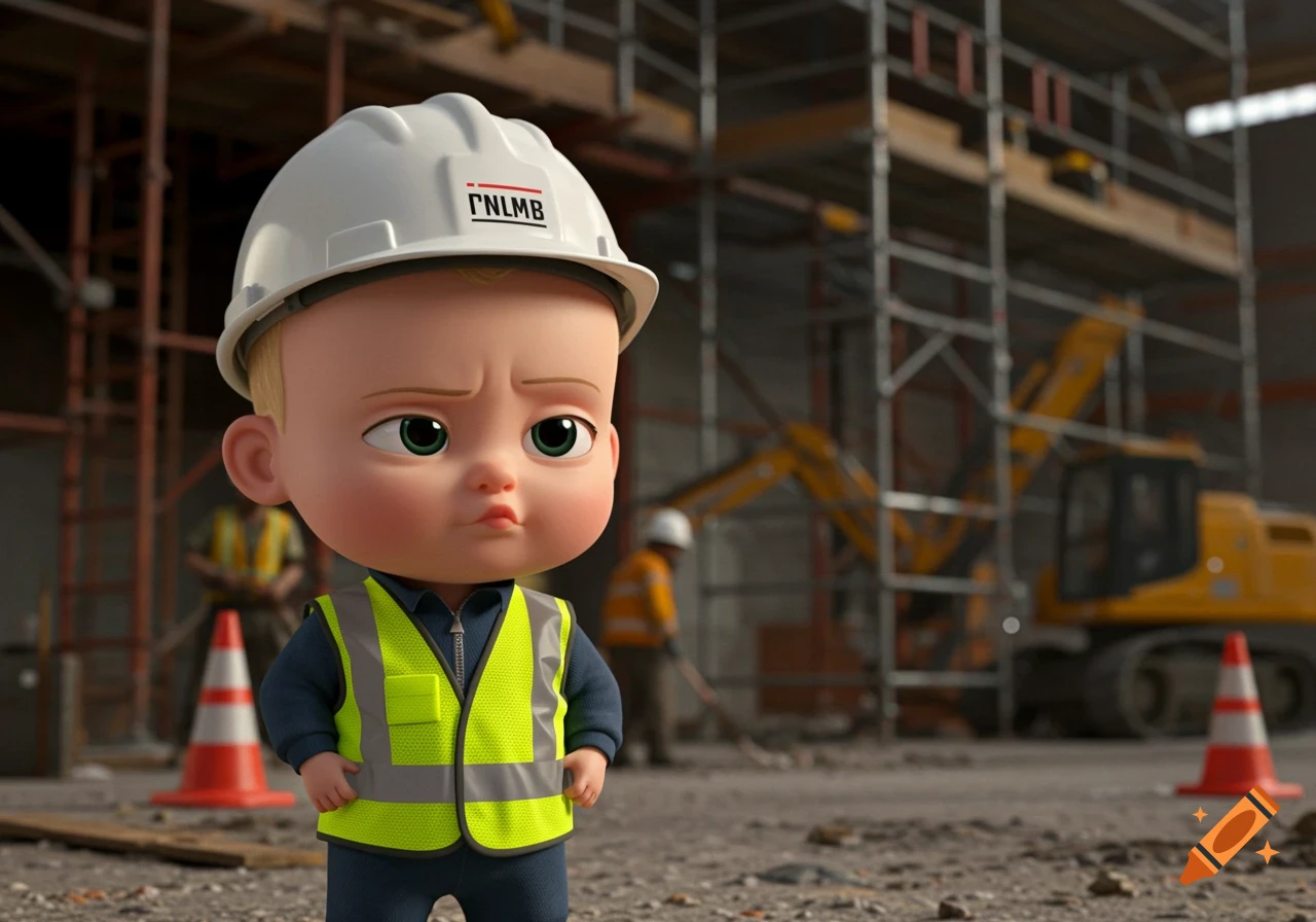 A serious cartoon baby in a hard hat and safety vest stands at a construction site.