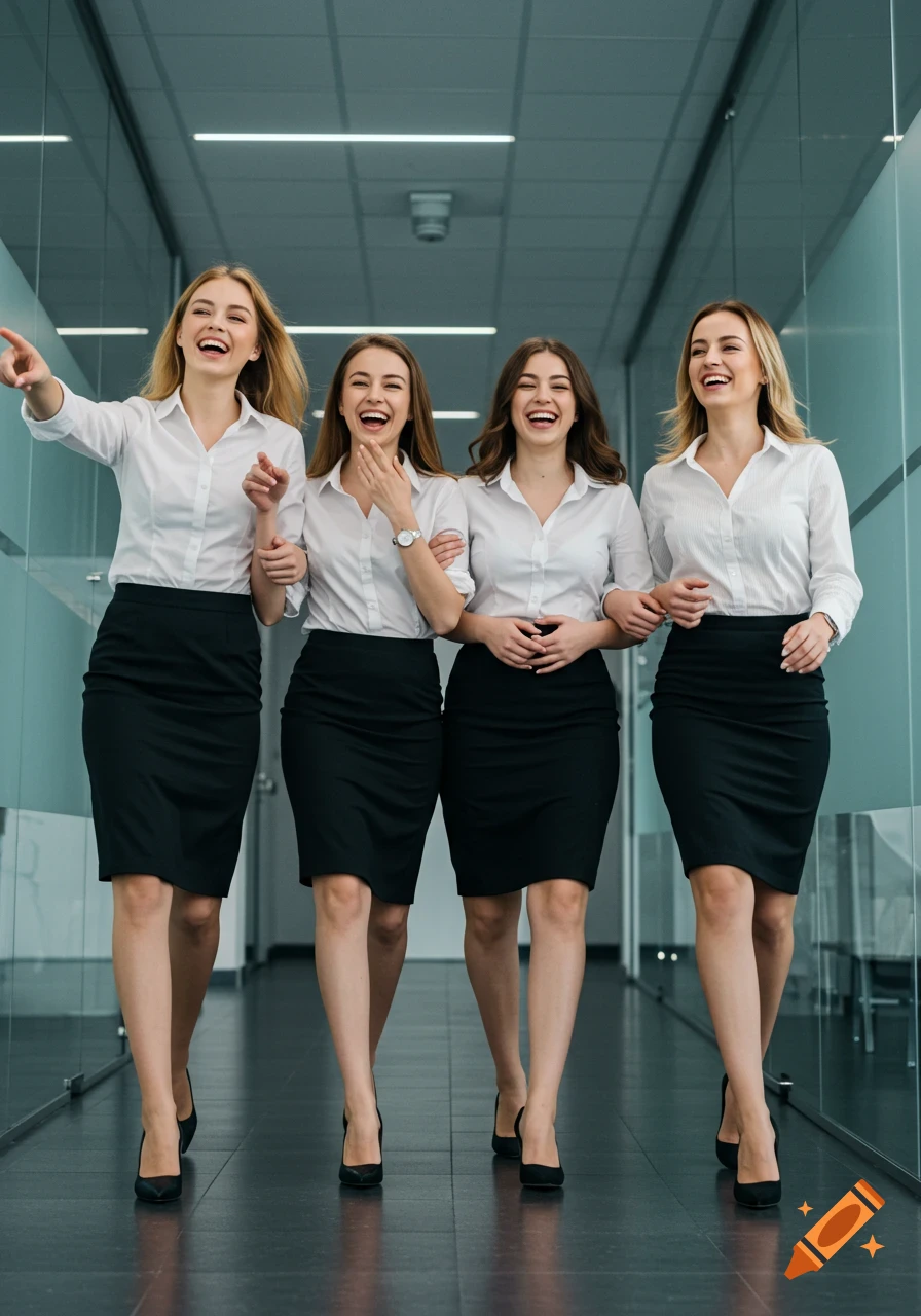 Four laughing women in business attire walk arm-in-arm down a modern glass office corridor.