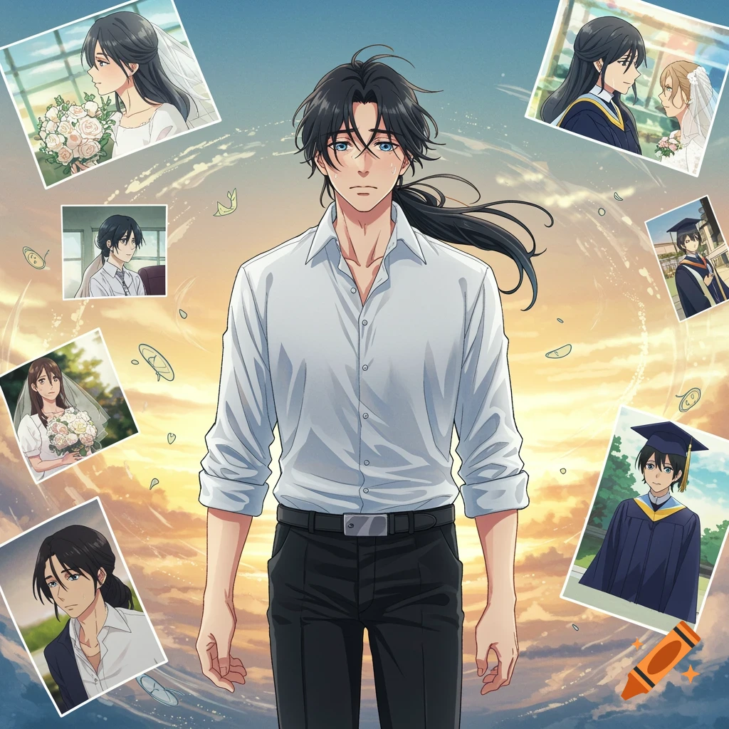 Anime man with long dark hair stands amidst floating photo memories of a woman's life, including weddings and graduations.