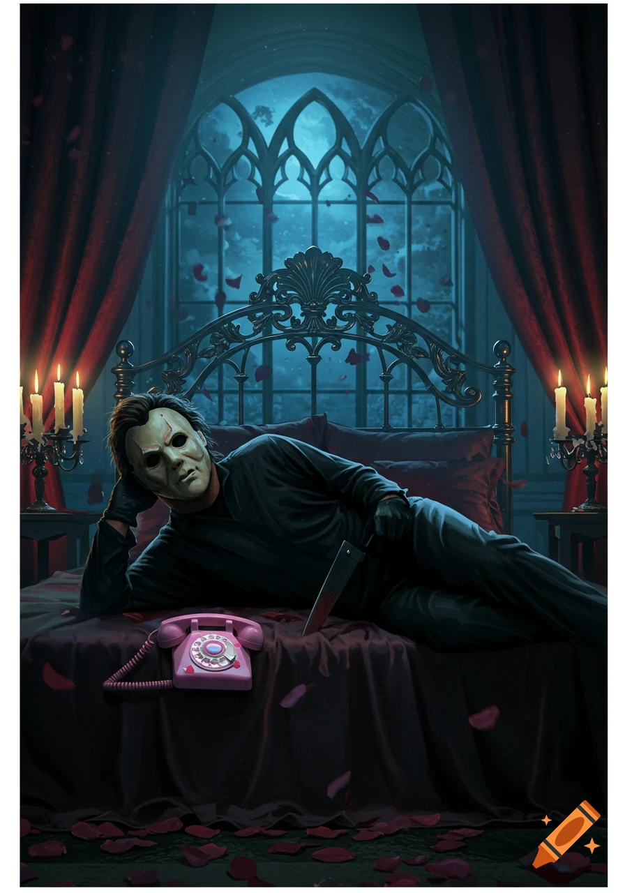 An illustrated Michael Myers-like slasher villain reclines on a gothic bed, holding a knife, beside a pink rotary phone in a candlelit room.