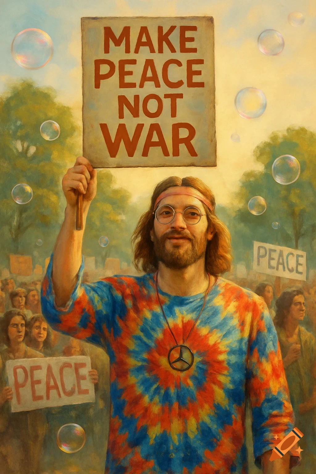 A man in a tie-dye shirt holding a 'Make Peace Not War' sign at a 1960s peace demonstration, surrounded by other protestors and bubbles.