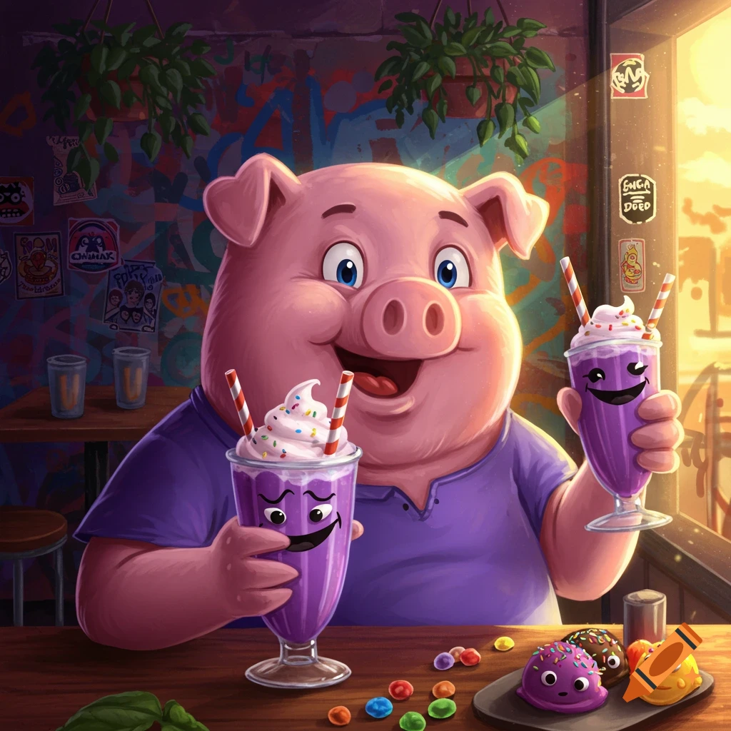A smiling cartoon pig in a purple shirt holds two purple grimace shakes with faces in a colorful cafe.