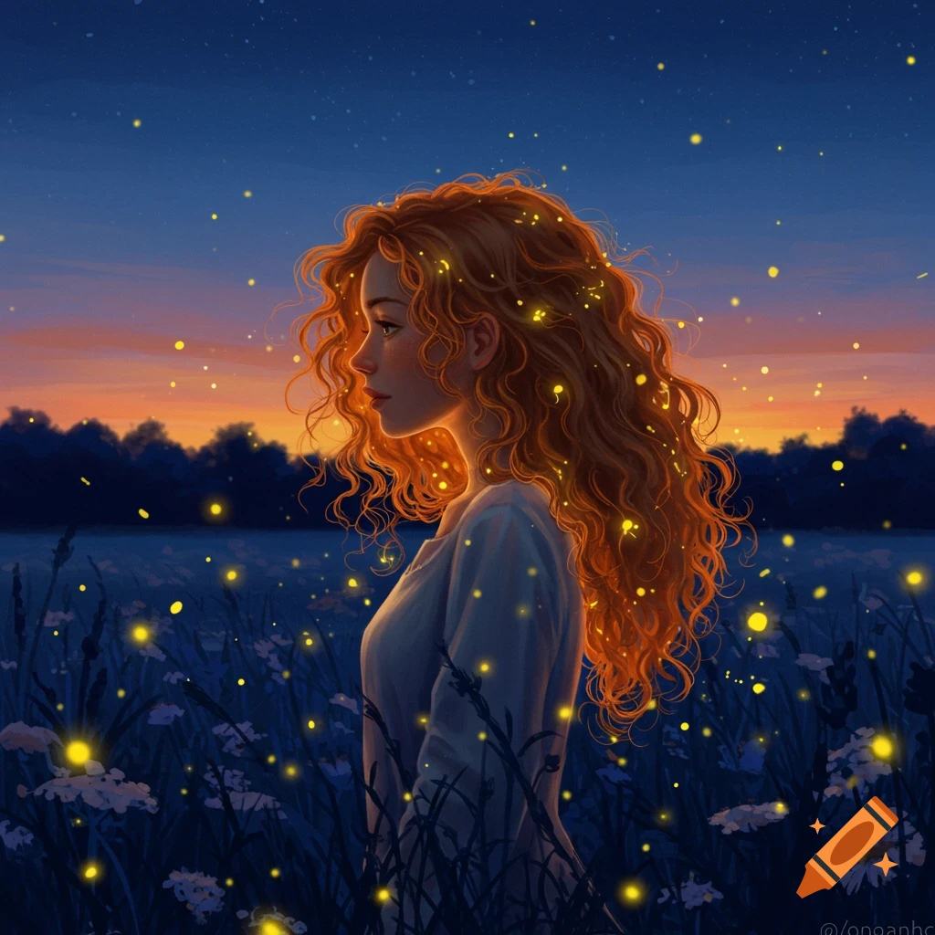 Digital art portrait of a young woman with curly red hair, in a field of glowing fireflies at sunset.