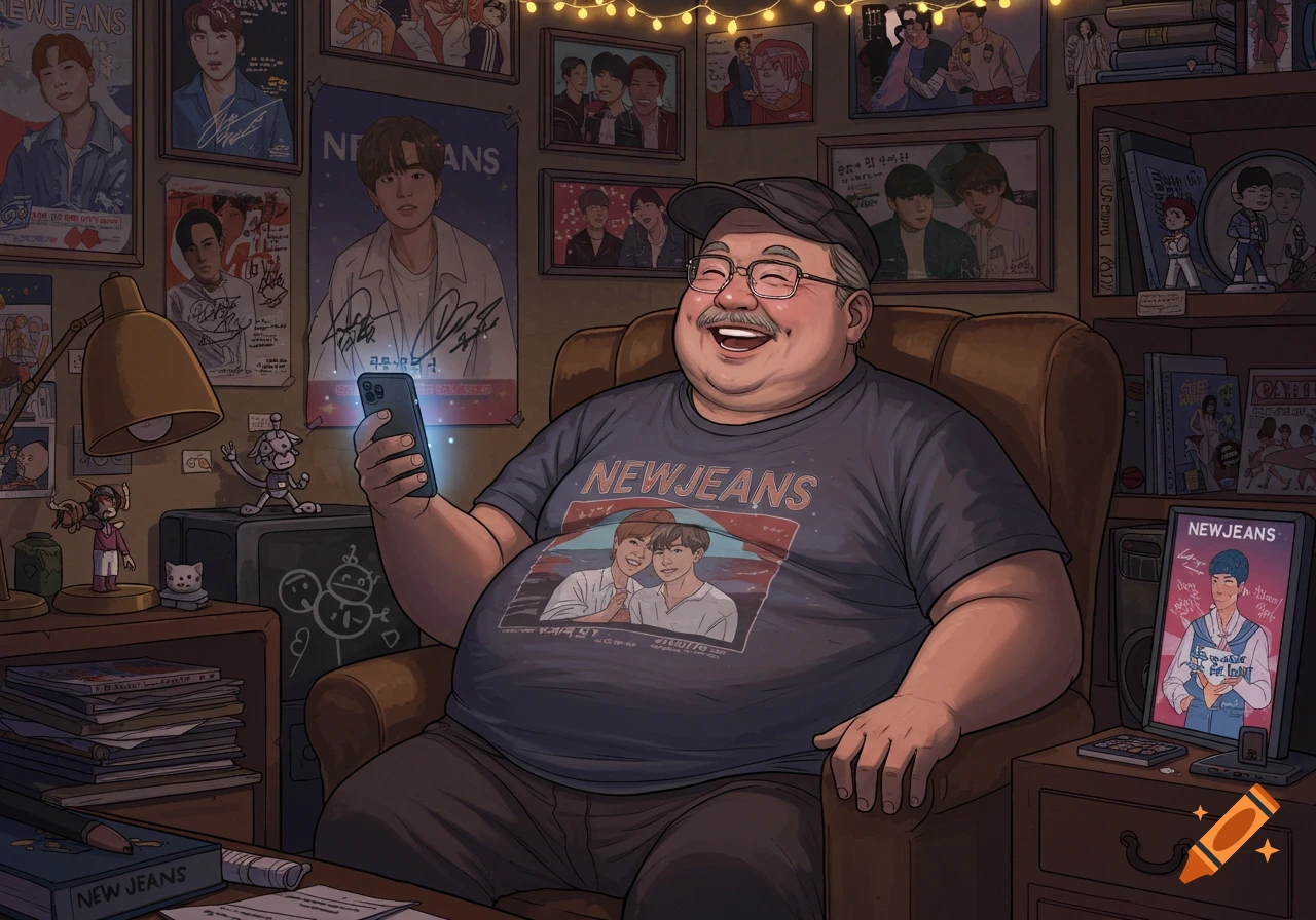 A smiling, plump old man with a mustache and glasses sits in an armchair, wearing a "NEWJEANS" t-shirt, looking at his glowing phone. His room is adorned with numerous K-pop posters and merchandise. Cartoon style.