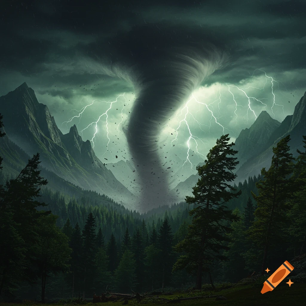 A powerful wedge tornado rips through a dark, stormy mountain forest with bright lightning strikes, in a photorealistic style.