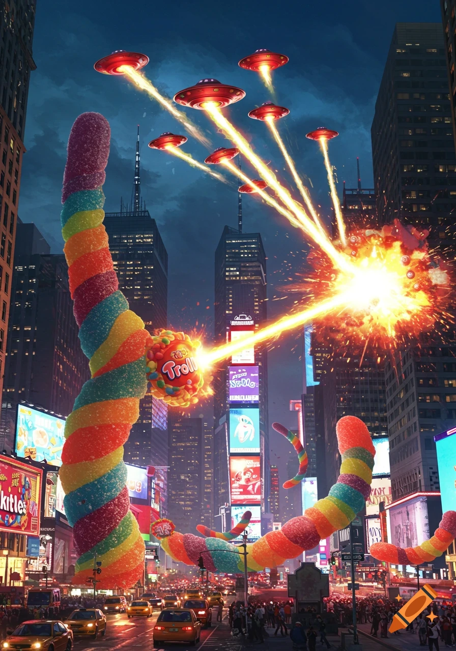 A giant battle between colorful Trolli gummy worms and Skittle-colored UFOs firing lasers in a busy New York City street at night, with bright explosions.