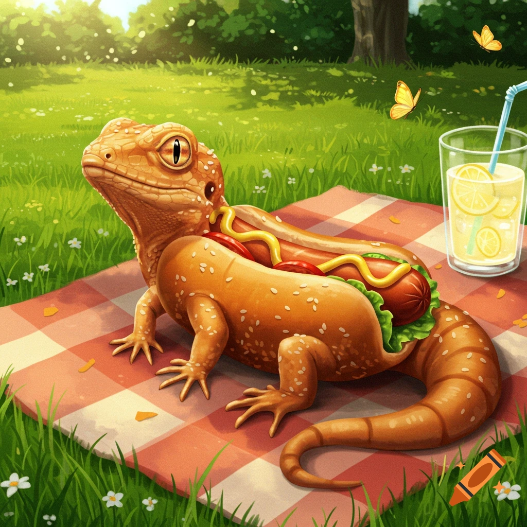 A whimsical illustration of a lizard with a hot dog bun and sausage on its back, enjoying a picnic in a sunny park with lemonade.