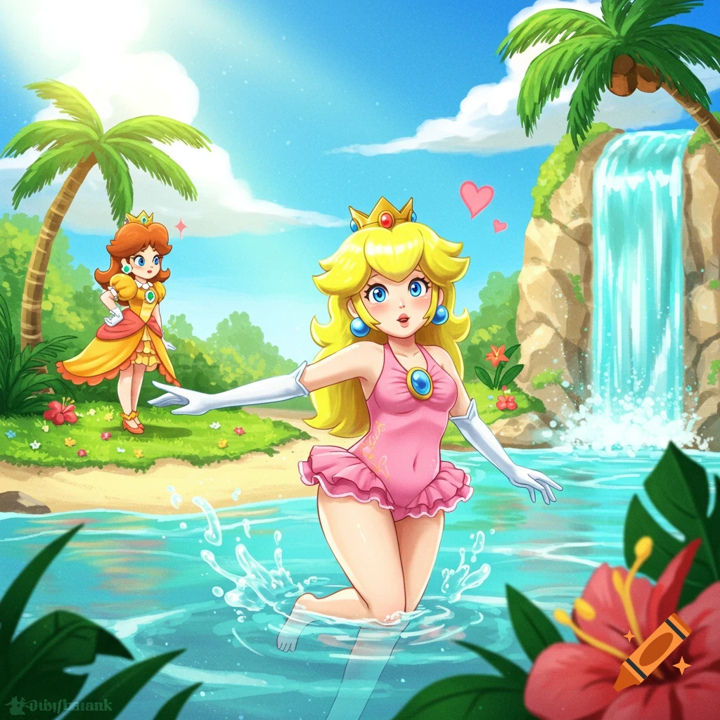 Princess Peach in a pink swimsuit splashes in clear blue water at a tropical beach, while Princess Daisy in a yellow dress watches from the sandy shore. A waterfall, palm trees, and flowers are in the background.