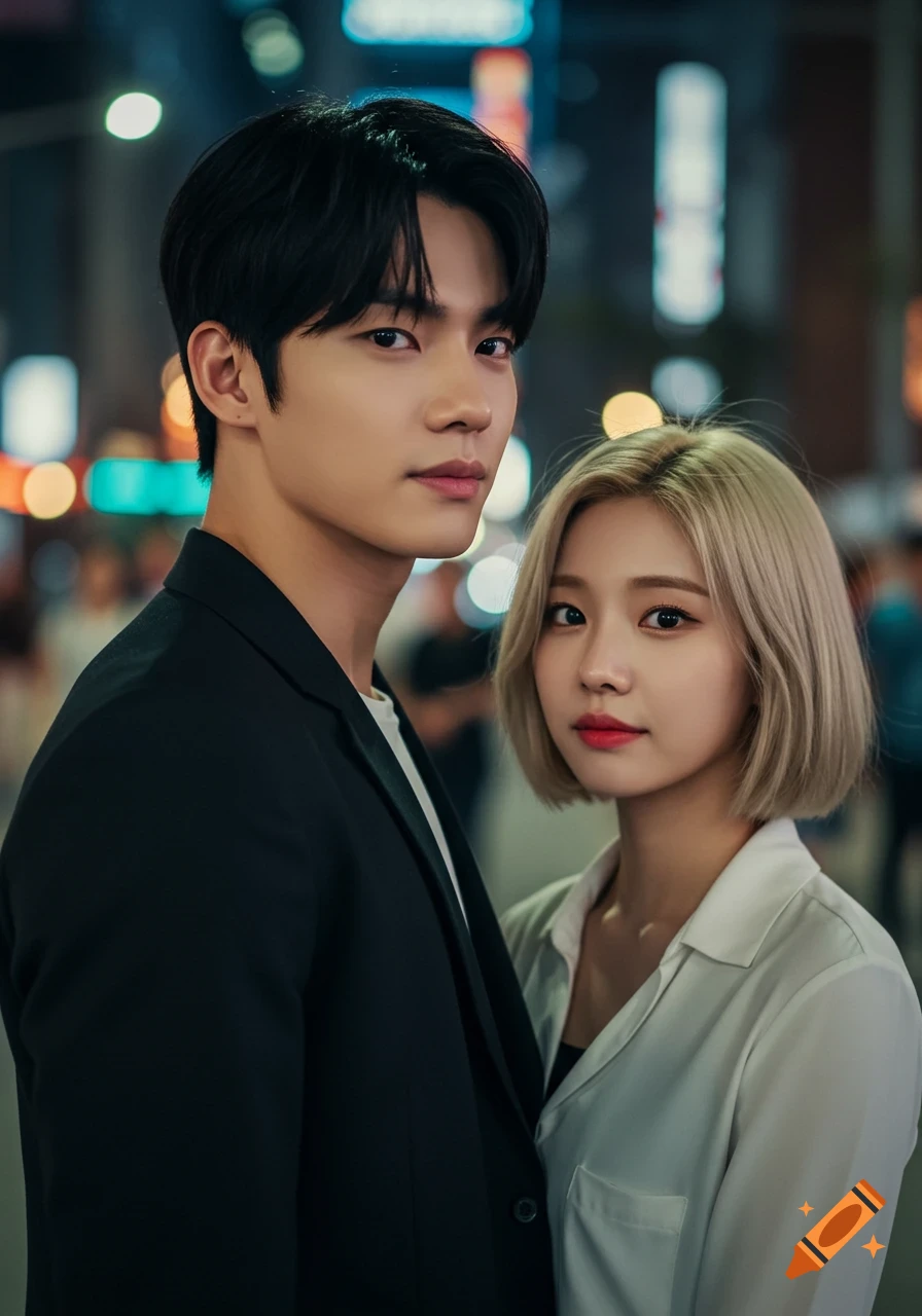 A photorealistic Korean couple, a man with black hair and a woman with blonde hair, standing close against a blurred city night background.