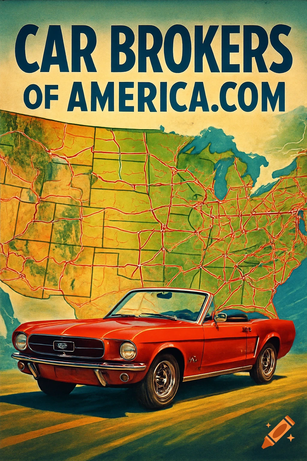 Vintage poster of a red convertible Mustang car in front of a colorful map of the United States, with text 'CAR BROKERS OF AMERICA.COM'.
