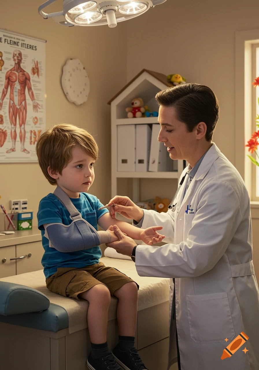 A doctor examines a young boy's arm, which is in a sling, in a bright examination room.