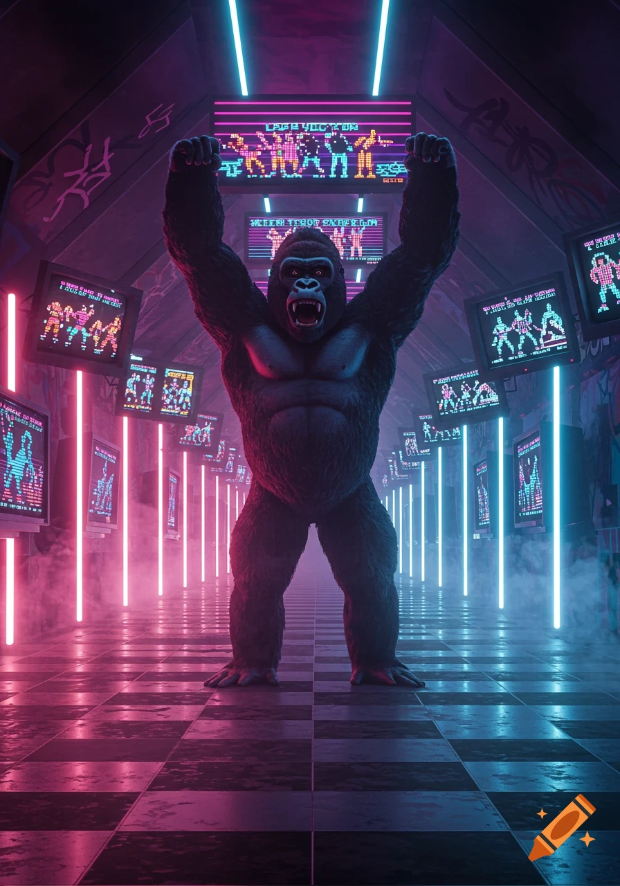 A majestic gorilla with glowing eyes stands in a neon-lit, futuristic tunnel, surrounded by screens displaying pixelated retro game graphics.