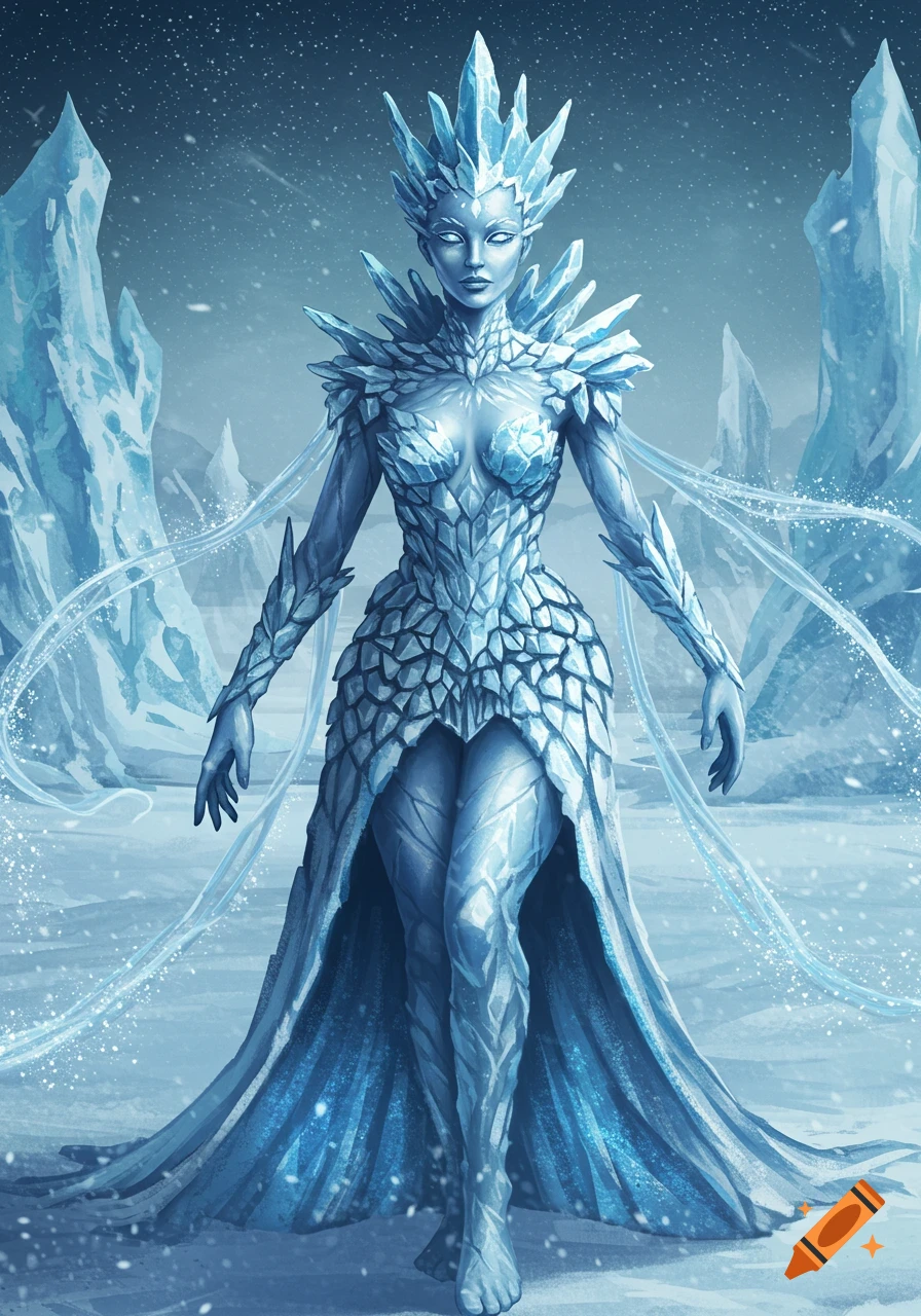 Full-body fantasy illustration of an ice queen with a crystalline crown and armor in a snowy landscape.
