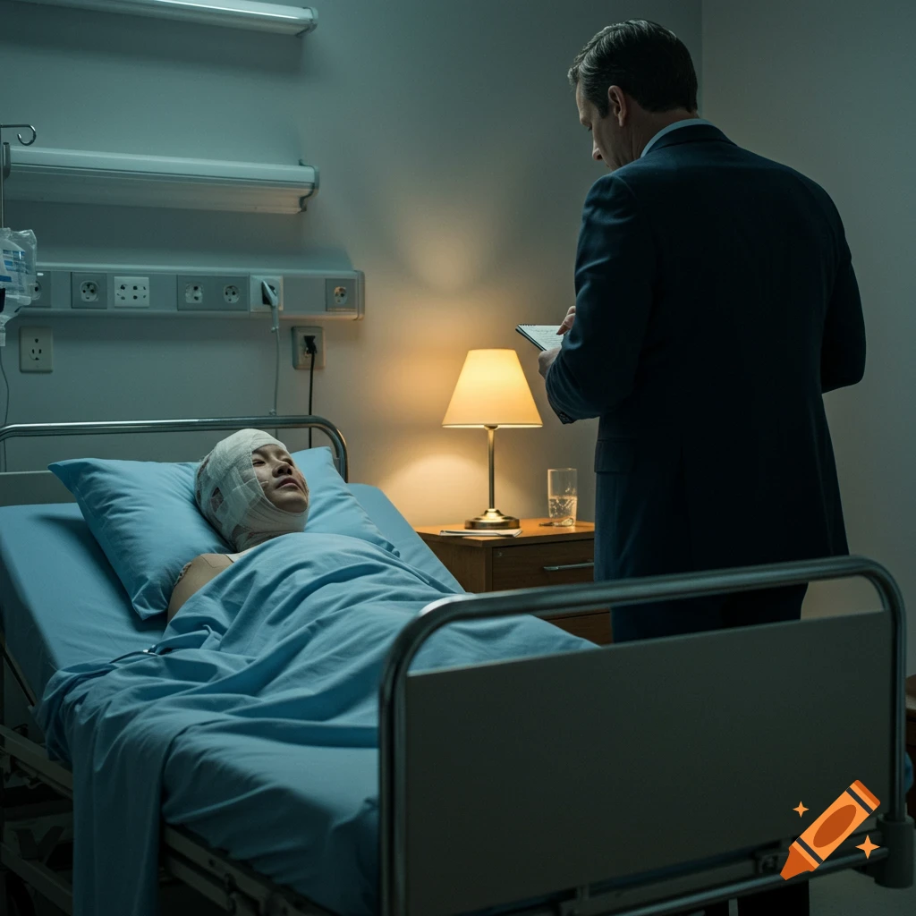 A patient with a bandaged head lies in a hospital bed while a man in a suit interviews them, looking at a notepad.