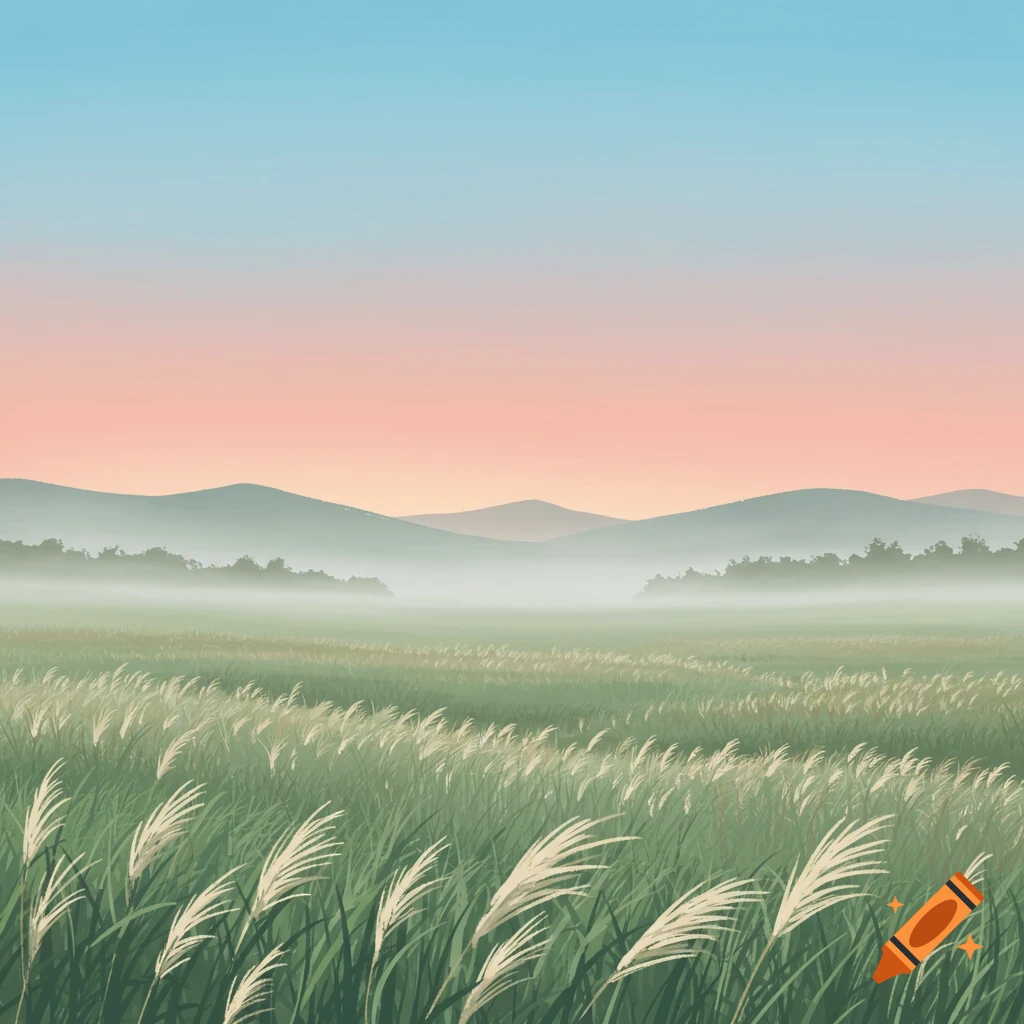 A serene, minimalist landscape illustration of a field of tall grass with misty mountains in the distance under a gradient pink and blue sky.
