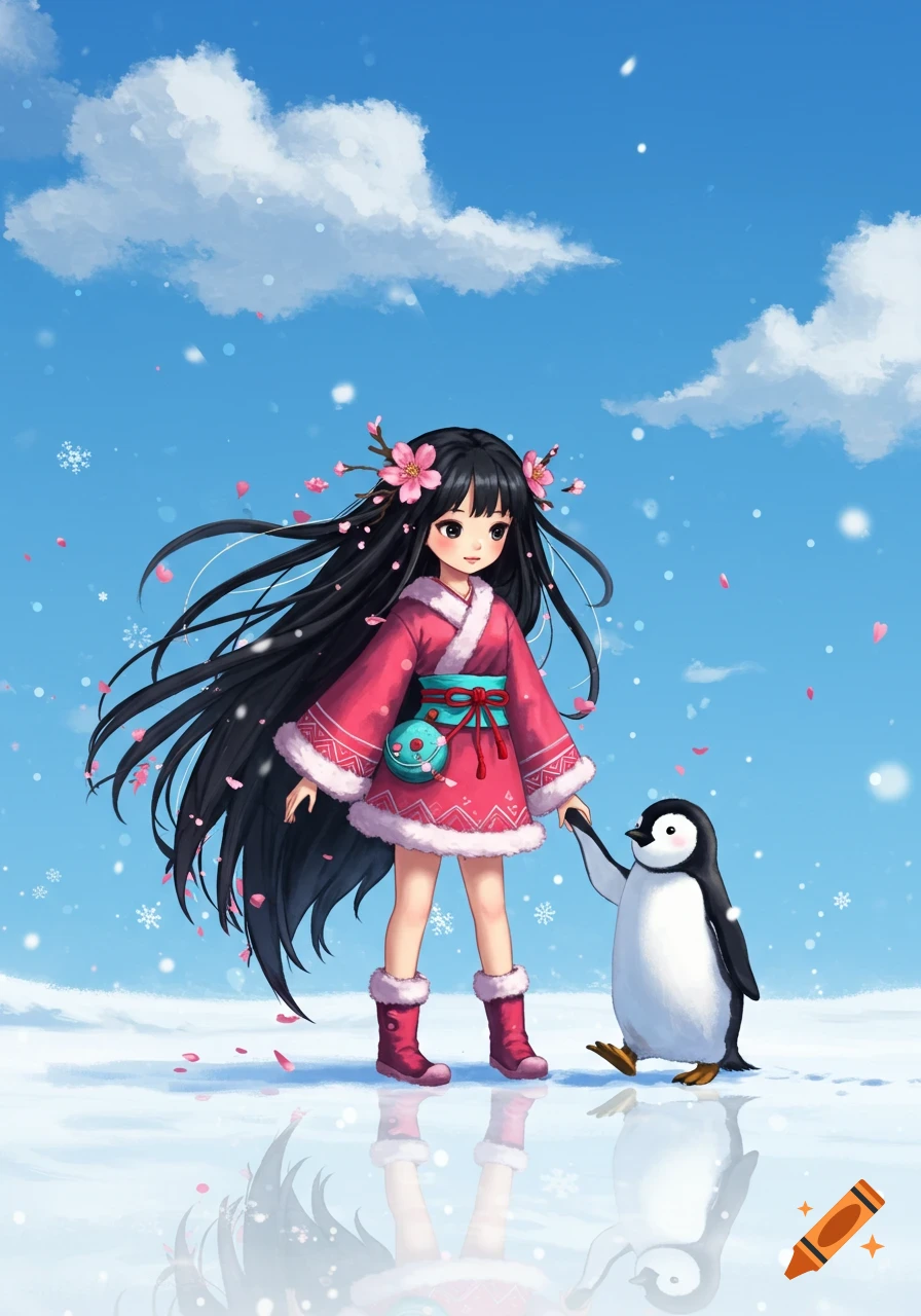 Anime girl with long black hair in a pink kimono holding hands with a penguin in a snowy landscape with falling snow.