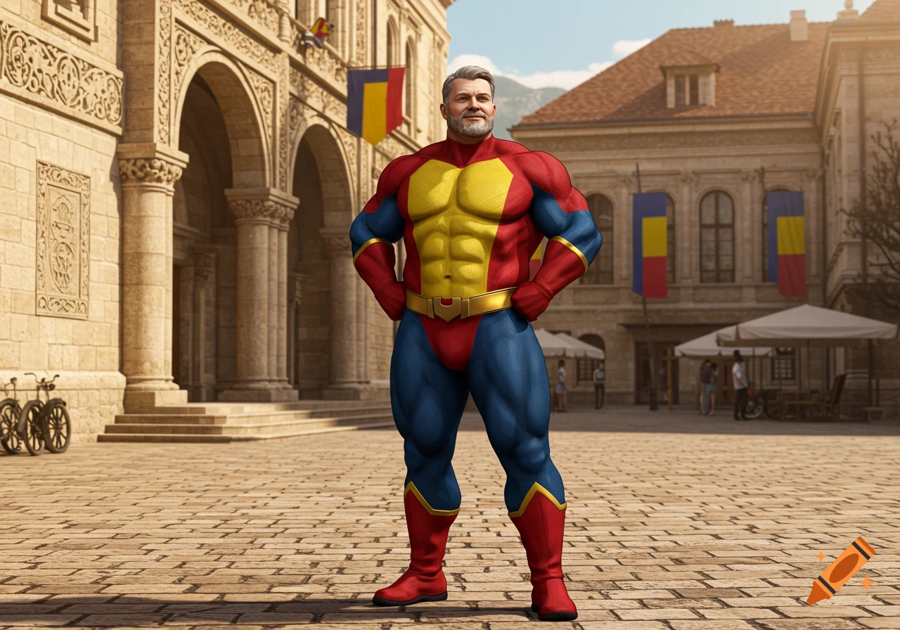 A muscular, older superhero in a red, blue, and yellow suit stands proudly in a European city square with historical buildings.