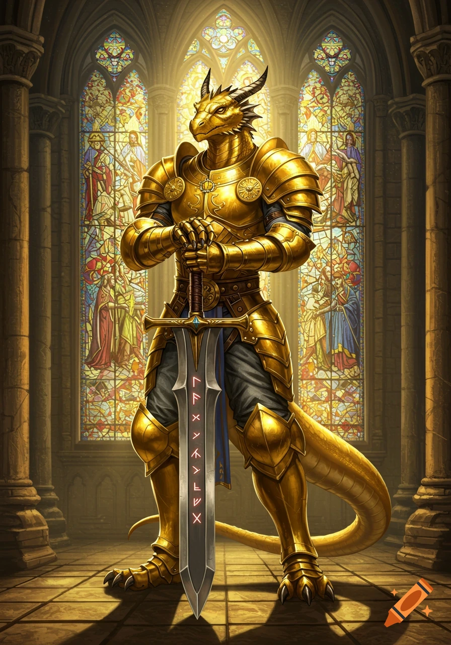 A golden Dragonborn paladin in ornate armor stands in a grand cathedral, holding a large sword with runes on its blade.