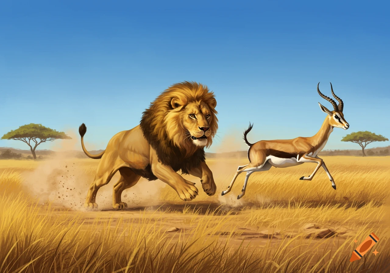 An illustration of a lion chasing a gazelle across a sunny savanna with grass and acacia trees.