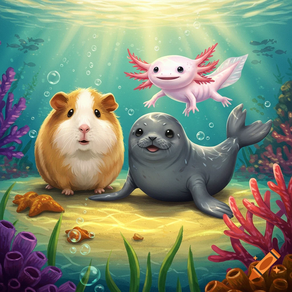 A cute cartoon guinea pig, baby seal, and axolotl underwater with coral and plants.