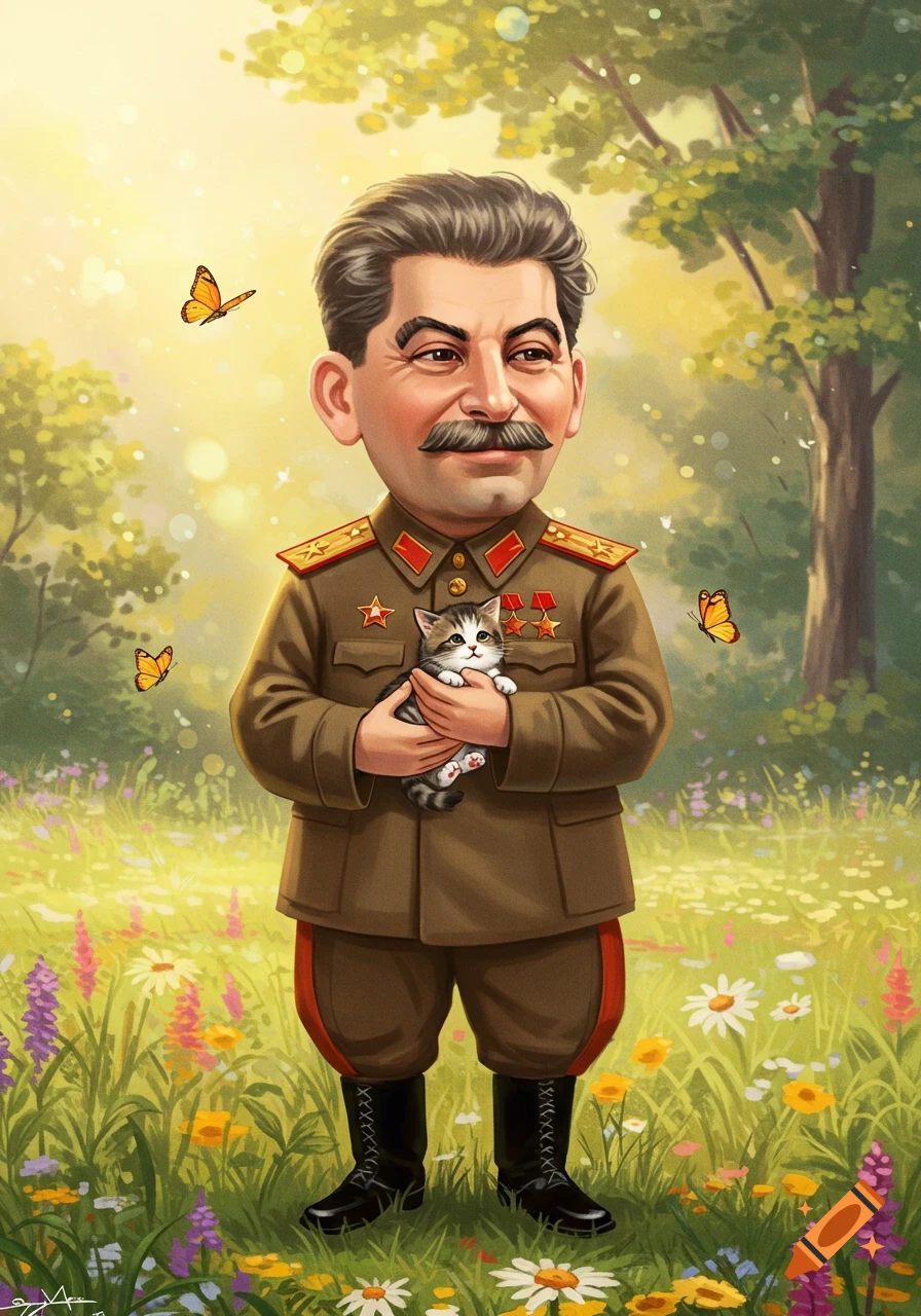 Cartoon caricature of Joseph Stalin in military uniform, smiling and holding a cute kitten in a vibrant field of flowers with butterflies.