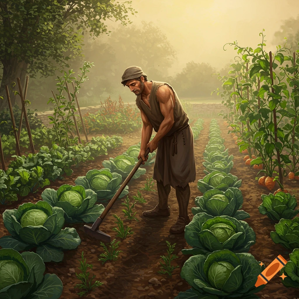 A medieval peasant hoes rows of cabbage in a lush, earthy garden under a hazy, warm sky.