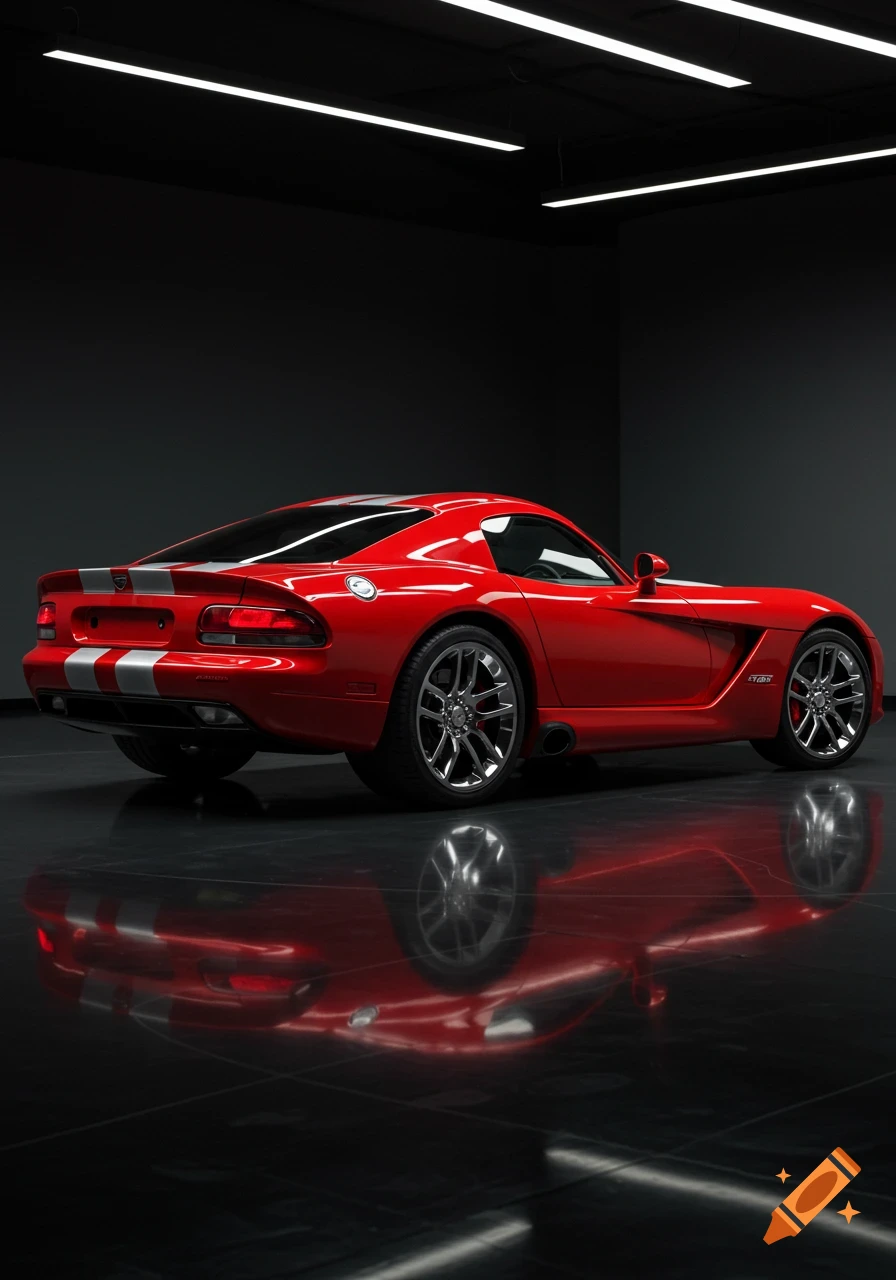 A photorealistic red Dodge Viper SRT-10 sports car with silver racing stripes, parked in a dark studio with a reflective floor.