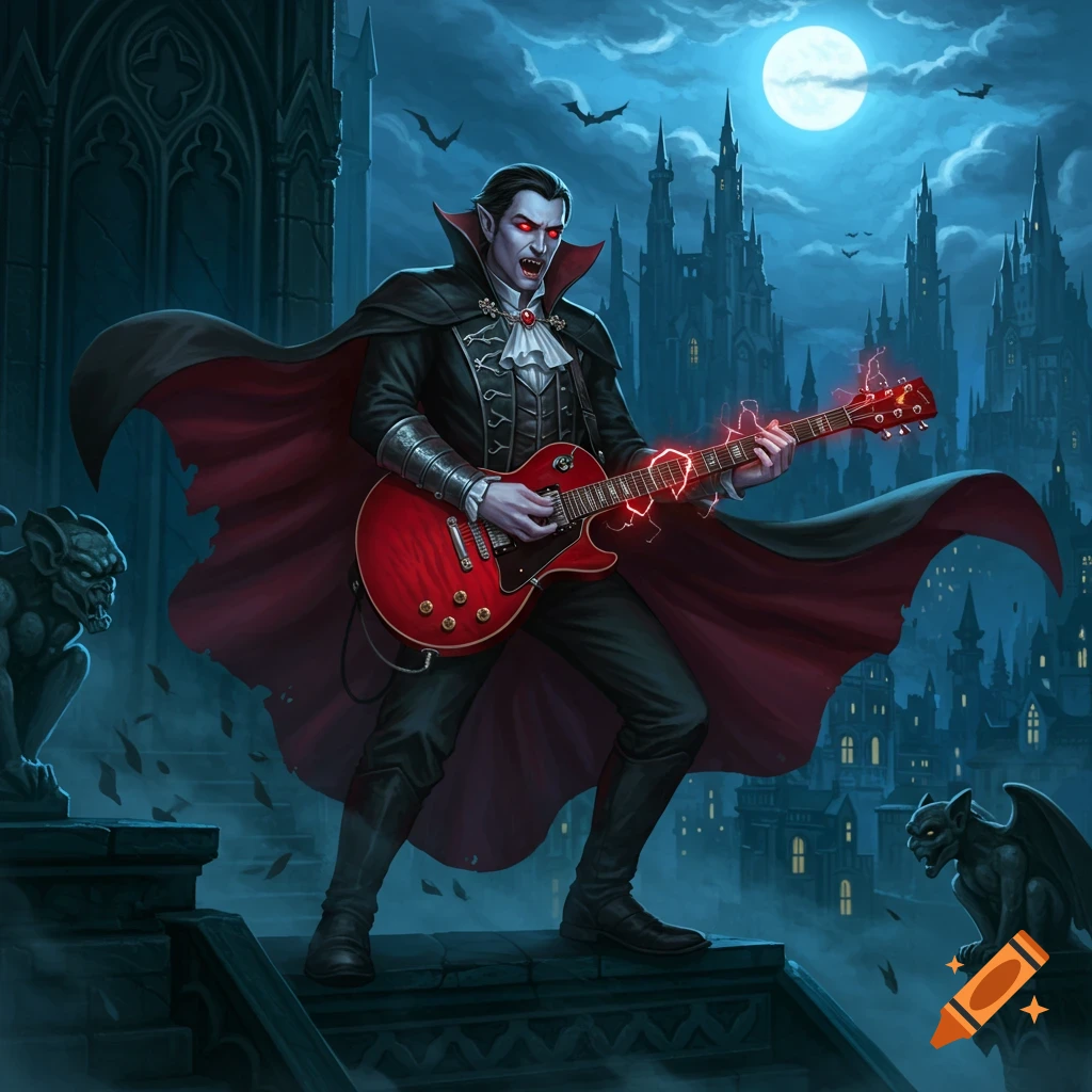 A vampire with red eyes and a cape plays a red electric guitar in front of a gothic castle under a full moon, with gargoyles.