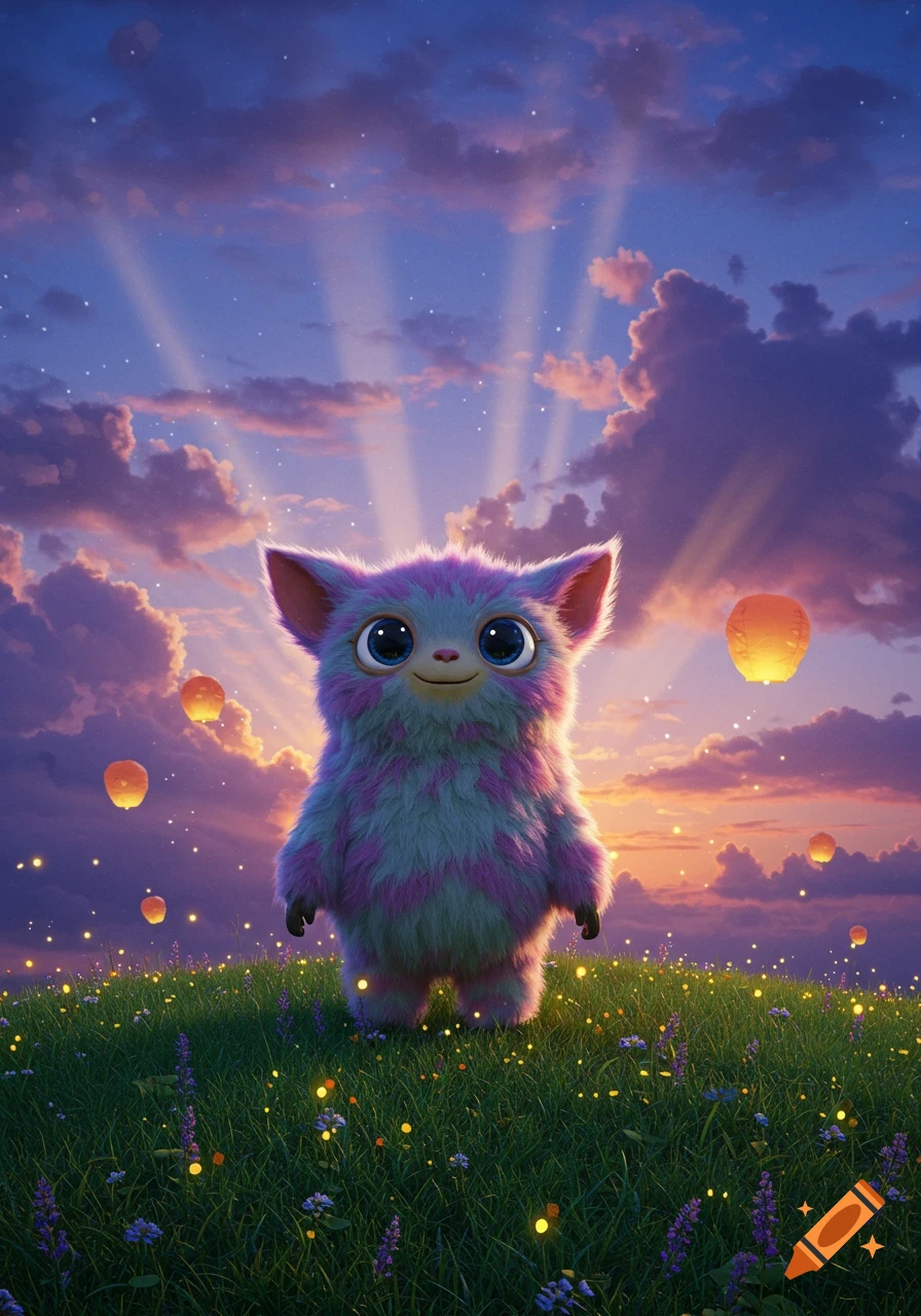 A cute, fluffy purple and blue creature with big eyes stands in a magical field with fireflies and floating lanterns under a twilight sky.