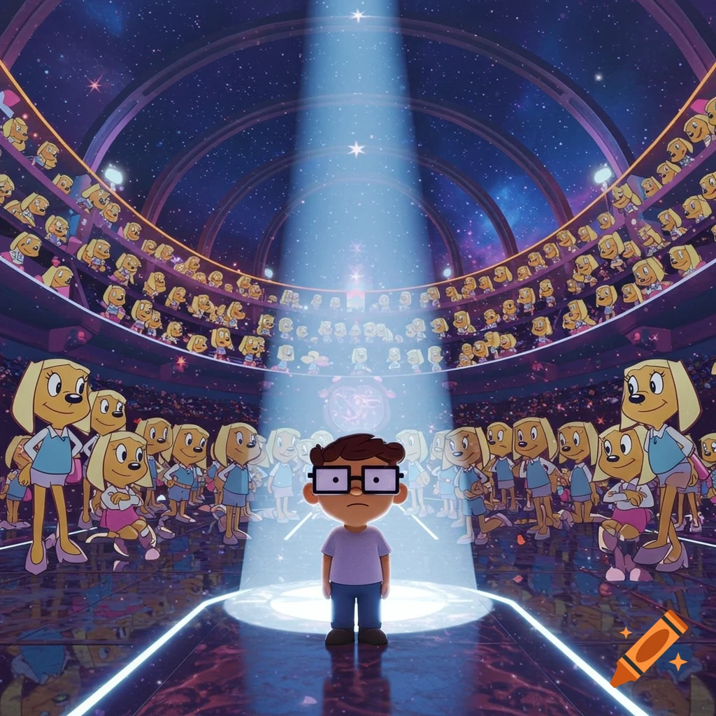 A cartoon boy with glasses stands in a spotlight on a stage in a cosmic arena, surrounded by many identical dog-like female cartoon characters.