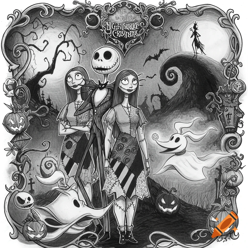 Black and white illustration of Jack Skellington, two Sallys, and Zero from The Nightmare Before Christmas, surrounded by pumpkins and gothic elements within an ornate frame.