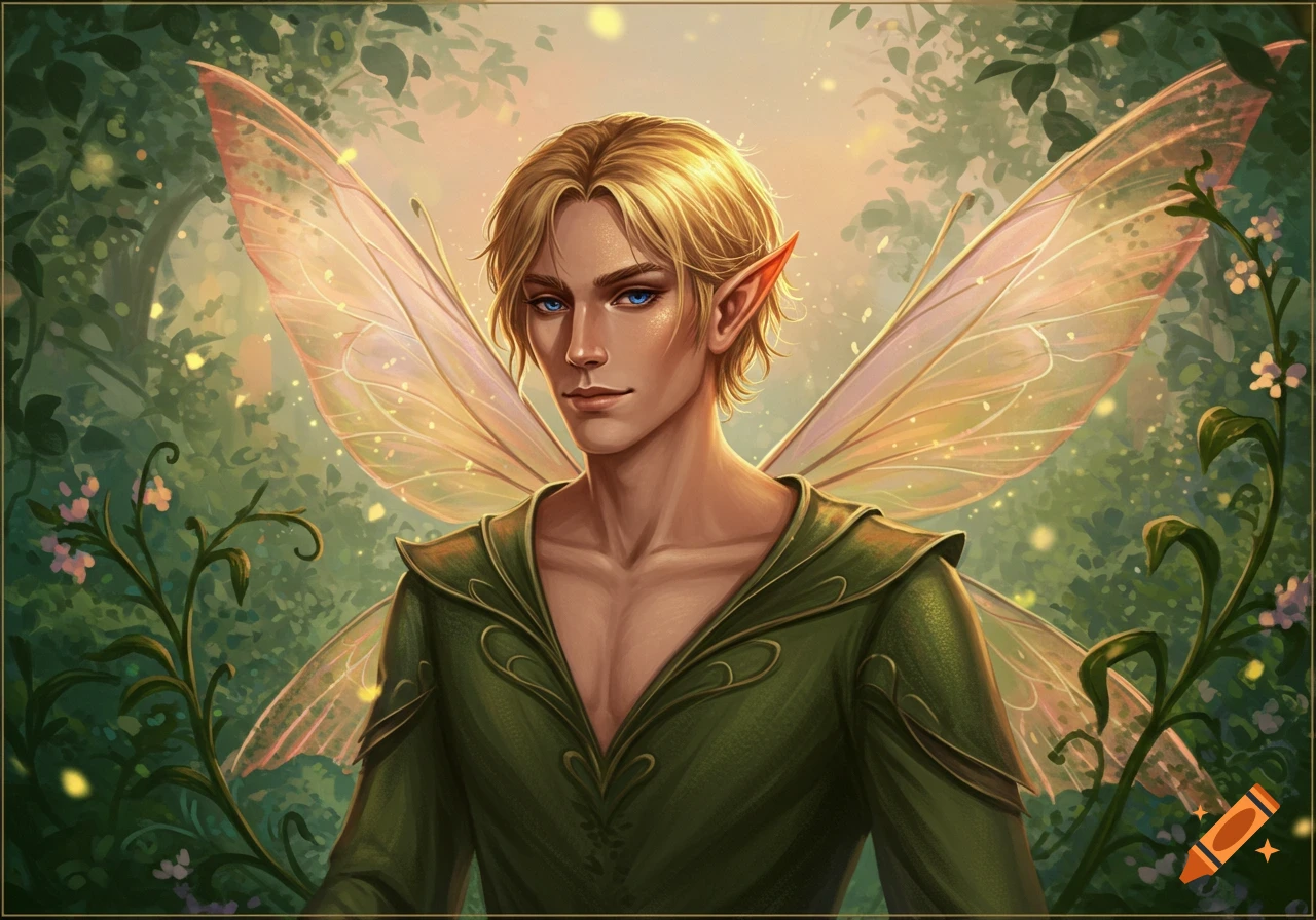 A handsome blonde male fairy with blue eyes and shimmering wings in a magical forest. Digital painting.