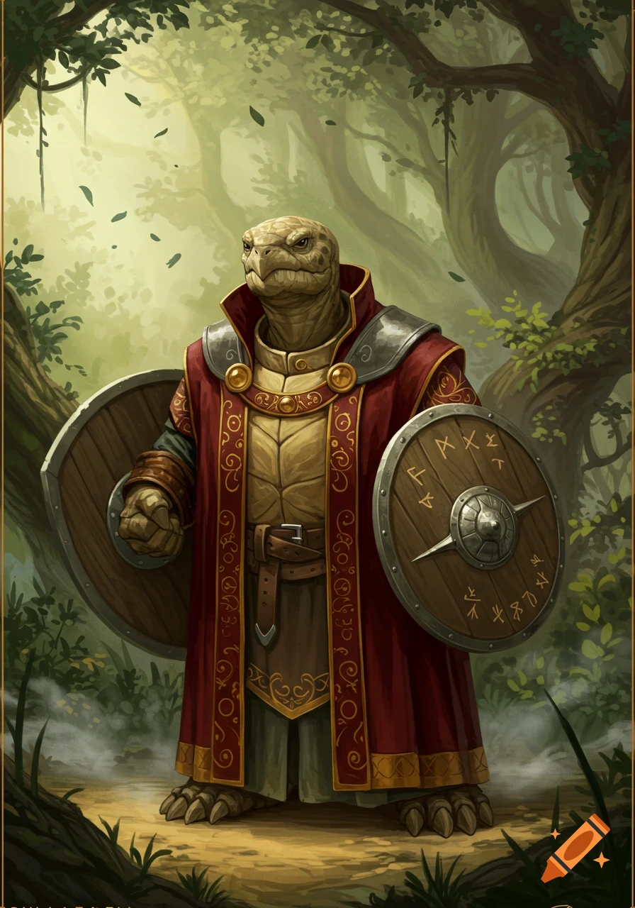 A heavily armored anthropomorphic tortle warrior in a red and gold robe stands in a misty forest, holding two wooden shields adorned with runes in a detailed fantasy art style.