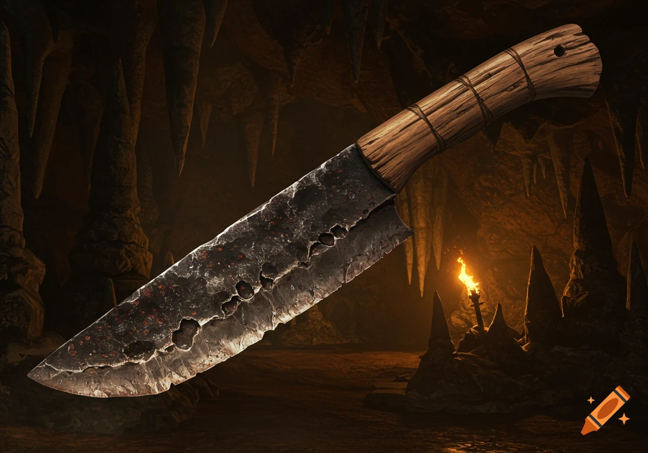 A photorealistic image of a crude, rough iron blade with a wooden handle in a dark, torchlit cave.