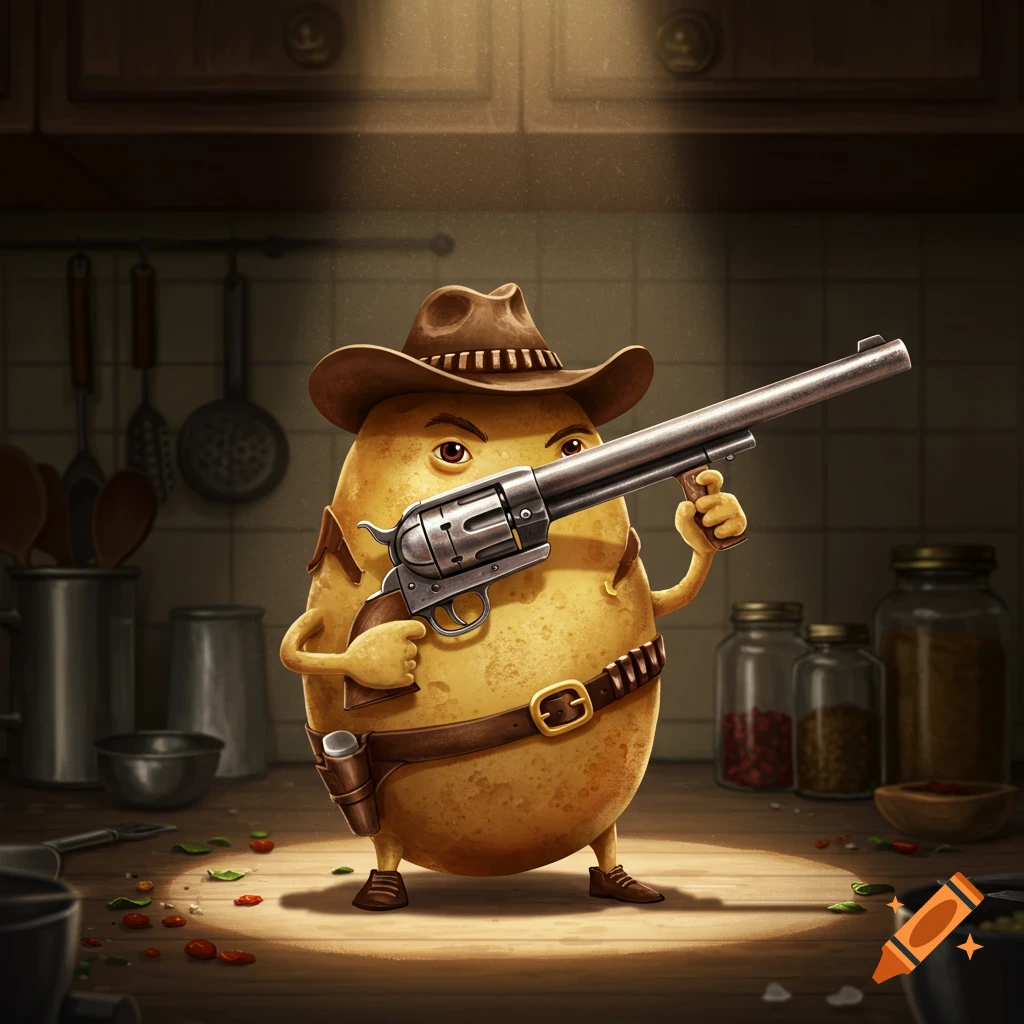 A stylized illustration of an anthropomorphic potato dressed as a cowboy, holding a revolver in a kitchen setting.